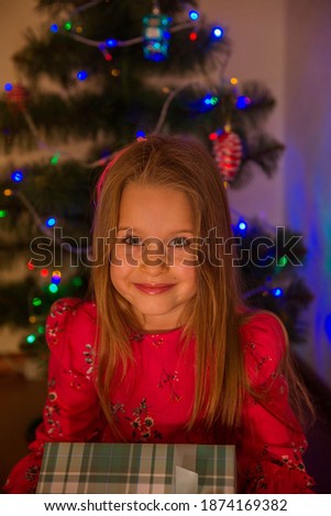 Portrait of little girl on the background christmas tree.