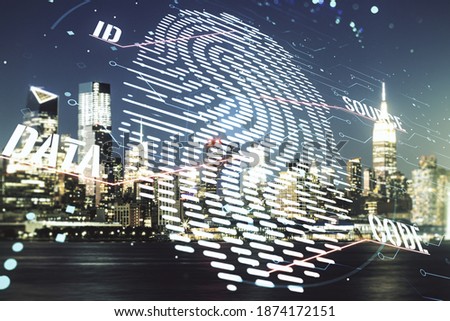 Double exposure of virtual creative fingerprint hologram on New York city office buildings background, protection of personal information concept
