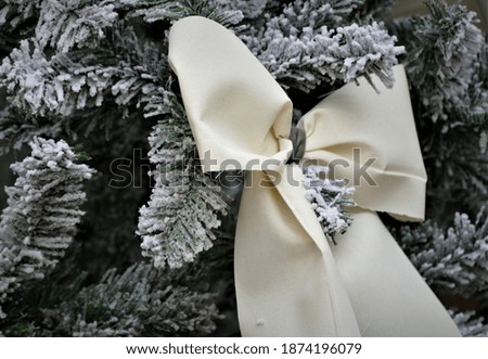 Beige ribbon decoration and pine branch Christmas background
