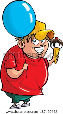 Cartoon overweight boy with balloon and ice cream