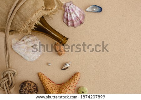 Seafood on a background of sand. Background about sea, ocean or tourism. About sailors, captains, underwater inhabitants. Pirate treasures.