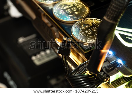 Bitcoin golden coins on a gpu. The future of money. 