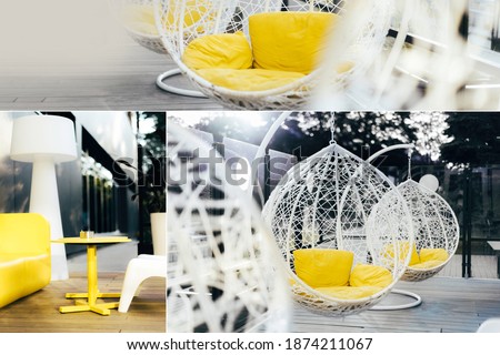 Collage inspired by trendy colors of year 2021. Illuminating yellow and ultimate gray concept. Style design combination. Duotone. Color Psychology. Minimalistic interior. Depression treatment.