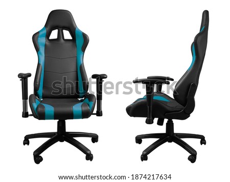 Front and side view of black and blue Gaming desktop chair isolated on white