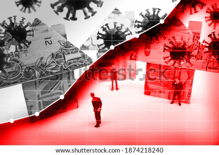 Unemployed businessmen about to lose their homes due to unemployment after the coronavirus epidemic with graph depicting rising new cases Royalty-Free Stock Photo #1874218240