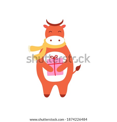 Bull character with scarf, horns and gift. Christmas hand drawn vector animal. Calf gifts celebrate Xmas. Winter holiday greetштп design. Color cow new year 2021 symbol