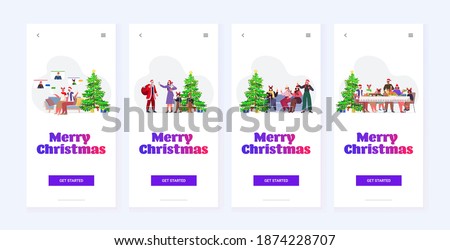 set mix race people in santa hats celebrating happy new year and merry christmas winter holidays smartphone screens collection horizontal full length vector illustration