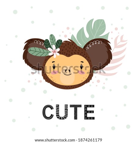 Cute adorable hand drawn Monkey face with flowers leaves and cute word. Scandinavian style letters. Wild animal character vector Illustration for nursery poster, card for kids, t-shirt.

