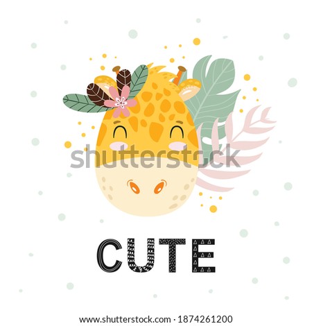 Cute adorable hand drawn Giraffe face with flowers leaves and cute word. Scandinavian style letters. Wild animal character vector Illustration for nursery poster, card for kids, t-shirt.