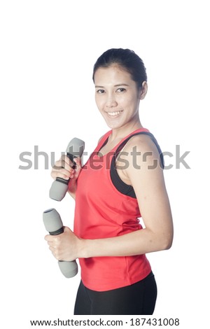 Women athletes exercise to burn fat with yoga and exercise using dumbbell . Beautiful sporty fit yogini woman
 doing yoga practice on White background-concept,healthy life and natural balance