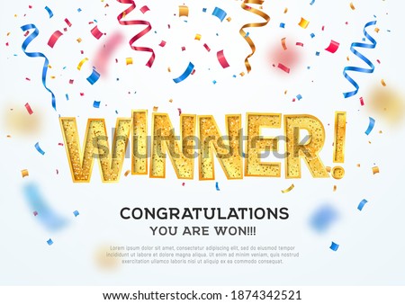 Golden winner word on white background with colorful confetti. Winning vector illustration template. Congratulations with absolutely victory. Royalty-Free Stock Photo #1874342521