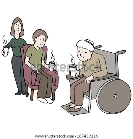 An image of a family visiting someone in a nursing home.