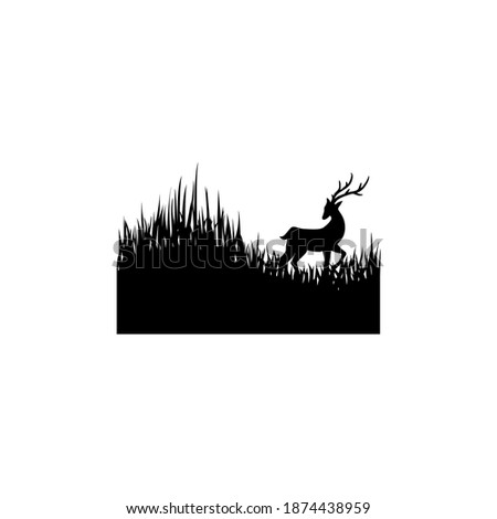 Grass and Deer Silhouette Illustration Black White Vector