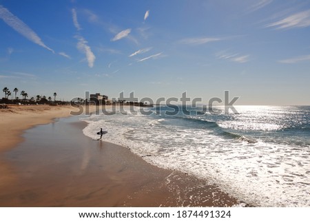 Surfer enjoying the scenic views of the pacific ocean crashing into the shore.
