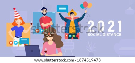 Virtual 2021 Christmas family party, New Year online meeting, videoconference during pandemic. Parents, grandparents, kids, young friends celebrating holidays at home, safe communicate by web. Vector