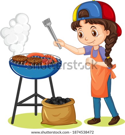 Girl and grill stove with food on white background illustration