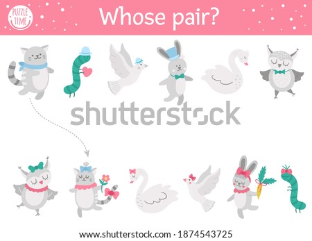 Saint Valentine day matching activity for children. Fun puzzle with cute animal couples. Holiday celebration educational game, printable worksheet for kids with love theme. Whose pair? 
