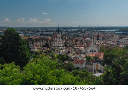 View over Krems an der Donau in summer sunny cloudy hot color day