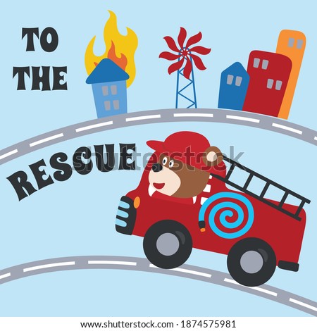 Fire rescue car with funny firefighter, vector cartoon, Cartoon, vector illustration, Creative vector childish background for fabric, textile, nursery wallpaper, card, poster and other decoration