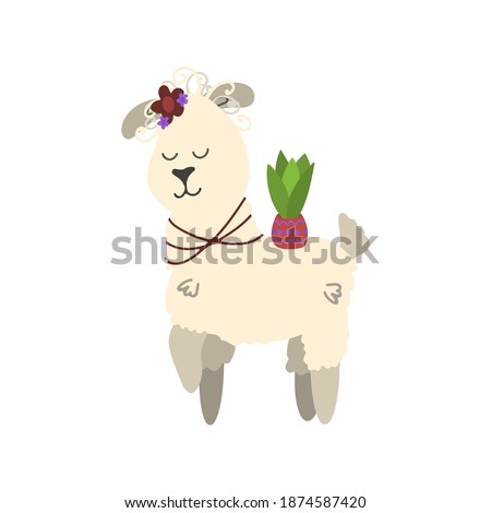 Girl lama with a flower in a dot on her back. Vector children's colorful illustration in cartoon hand drawn style for printing on children's clothes, interior design, packaging, stickers. Isolated
