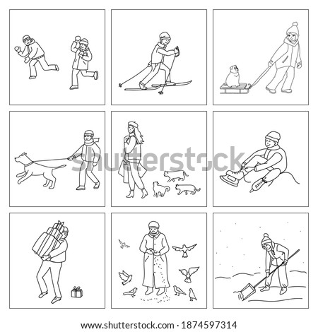 Set of kids cartoon illustrations about winter with characters. Children having snowball fight, skating and sledding,  shoveling the snow and other. Pages of coloring book.