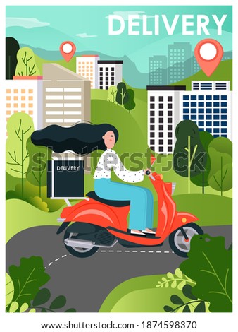 Express city food and package delivery on scooter. Girl courier rides a motor bike concept vector illustration. Fast delivery service poster with female character on motorbike