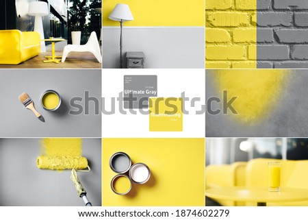 Collage inspired by trendy colors of year 2021. Illuminating yellow and ultimate gray concept. Style design combination. Duotone. Color Psychology. Minimalistic interior. Depression treatment.