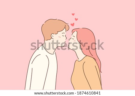 Kiss, love, romantic dating concept. Profile portrait of young happy loving couple boy and girl reaching for each other in kiss with eyes closed over pink background vector illustration Royalty-Free Stock Photo #1874610841