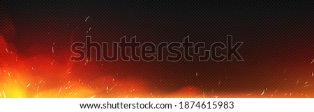 Fire with sparks and smoke isolated on transparent background. Vector realistic illustration of hot blaze with flying sparkles and burning particles from bonfire, ignition or blacksmith stove