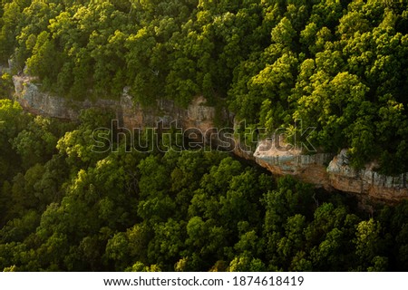 Aerial view of Hawksbill Crag (Whitaker Point) in the Ozark National Forest of Northern Arkansas.  Royalty-Free Stock Photo #1874618419