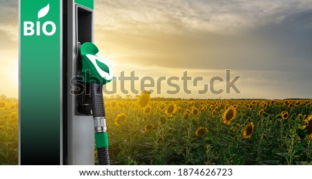 Biofuel filling station on a background of sunflower field  Royalty-Free Stock Photo #1874626723