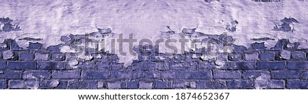 Damaged Purple Brick Wall Banner. Damage Plaster Background. Shabby Web Design Backdrop Material. Violet Loft Wall Isolated Wide Extra Large Panorama.
