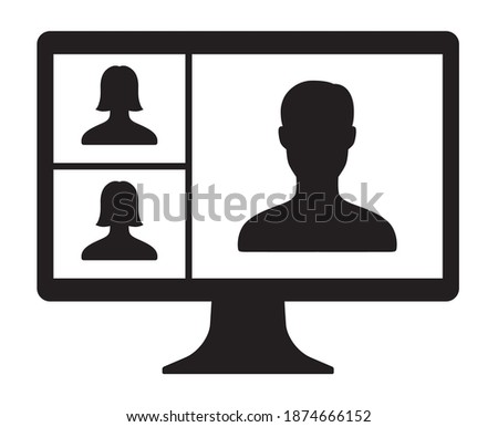Remote work, remote learning or online video meeting with three mixed gender people flat vector icon for apps and websites