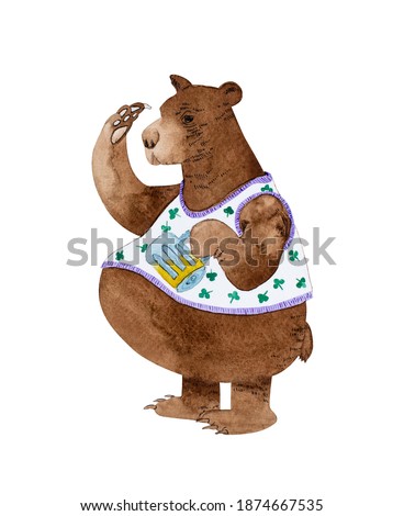 Bear wearing sleeveless t-shirt and holding half full beer mug, hand painter watercolor on paper