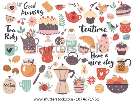 Teatime element set: cups, teapots, sweets and kitchen utensils. Perfect for scrapbooking, greeting card, party invitation, poster, tag, sticker kit. Hand drawn vector illustration. 