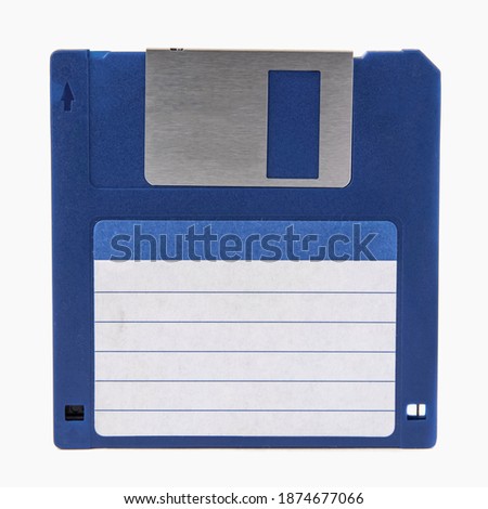 The front of an blue floppy disk, isolated on a white background. Close up