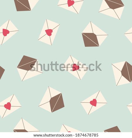 Vector seamless pattern with a closed and open envelopes on a mint background.  Modern vector design for Valentine's Day, greeting card, invitation, wrapping paper