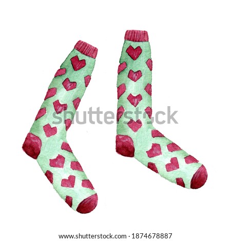 Watercolor hand drawn green socks with red hearts. Children warm clothes, clipart, element. Raster stock illustration isolated on white background.
