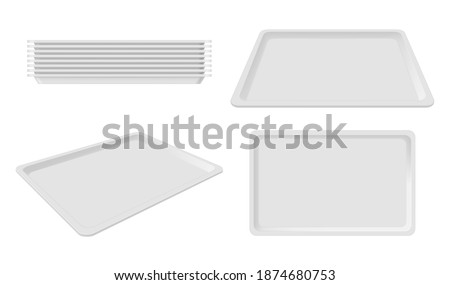 Plastic empty white tray set, blank takeout. Party plastic serving tray for home, caterers, office parties, banquet events. Vector realistic style illustration Royalty-Free Stock Photo #1874680753