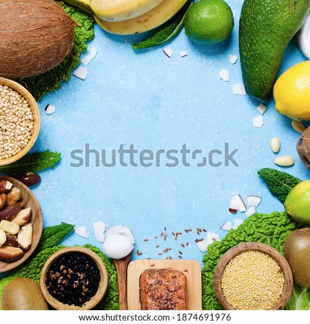 AntiAge food on color texture background. Detox and gluten free diet concept. Foods rich of  vitamins, minerals and antioxidants,flavonoids. 