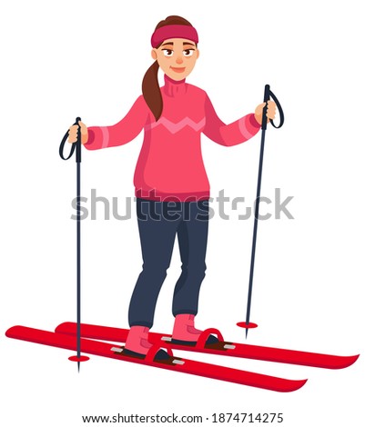Woman on skis. Female character in cartoon style.
