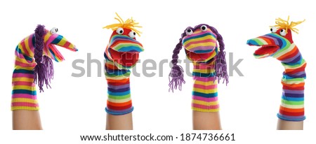Collage with photos of different puppets for show on hands against white background, banner design Royalty-Free Stock Photo #1874736661