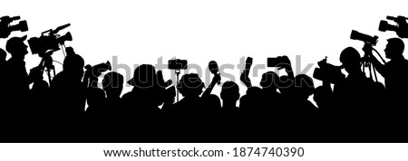 Journalists are interviewing. Press Conference of Reporters. Crowd of people with video cameras. Silhouette vector Royalty-Free Stock Photo #1874740390
