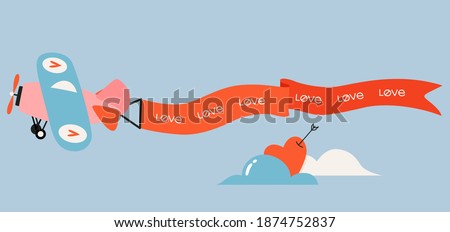 Cute illustrated vector plane with a ribbon. Valentine's day and love concept. Plane holding a red ribbon with love message. Heart in the clouds. Isolated element stickers for print, cards and web.