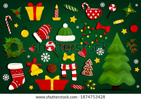 Collection of Christmas elements isolated on green background. Deer, Christmas trees, gift boxes, candles, mistletoe, wreath, bigfoot, gingerbread, candy, pine cones, calendar. Vector illustration
