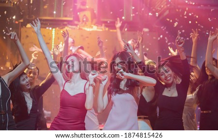 Party asian girl holidays celebrate nightlife. group of young girl happy dancing party hand holding a drink. lifestyle women young asian enjoyment nightclub.