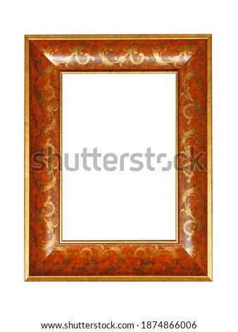 Old empty brown wooden frame for paintings with gold patina. Isolated on white background