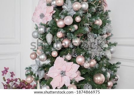 Christmas interior. Stylish christmas interior in pink and white color
