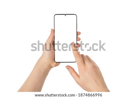 Pov first person close up view photo of female hands using telephone touching screen with copy space isolated white background Royalty-Free Stock Photo #1874866996