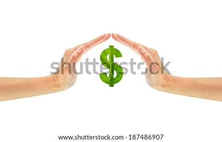 Dollar sign made of green leaf on woman hands isolated on white background